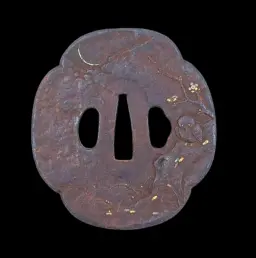 Japanese Iron Tsuba with Sparrow, Plum Blossom, and Crescent Moon Motif