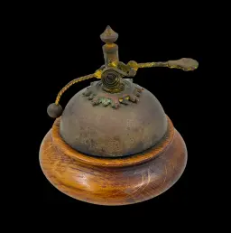 Antique Mechanical Service Bell with Ornamental Rotary Mechanism on Wooden Base