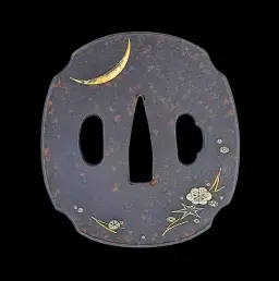 Japanese Iron Tsuba with Floral and Crescent Moon Inlay