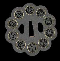 Elegant Japanese Tsuba with Brass and Silver Inlaid Grape Vine Motif – Late 19th to Early 20th Century