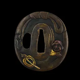 Japanese Bronze Tsuba with Hotei and Pilgrim’s Staff Motif