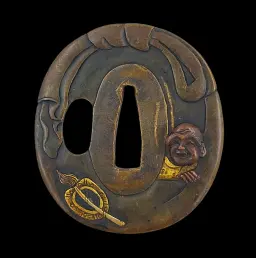 Japanese Bronze Tsuba with Hotei and Pilgrim’s Staff Motif