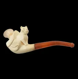 White Stone and Amber Smoking Pipe with Seated Bulldog – 19th Century European Master Carving