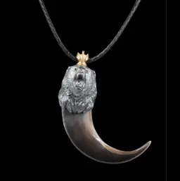 Regal Predator: Grizzly Bear Claw Pendant with Ruby Eyes and Gilded Crown 24K gold and Silver