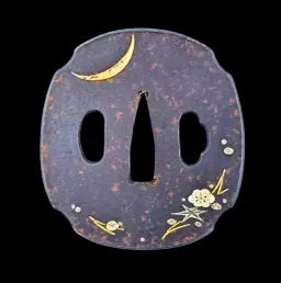 Japanese Iron Tsuba with Floral and Crescent Moon Inlay
