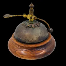 Antique Mechanical Service Bell with Ornamental Rotary Mechanism on Wooden Base