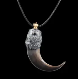 Regal Predator: Grizzly Bear Claw Pendant with Ruby Eyes and Gilded Crown 24K gold and Silver