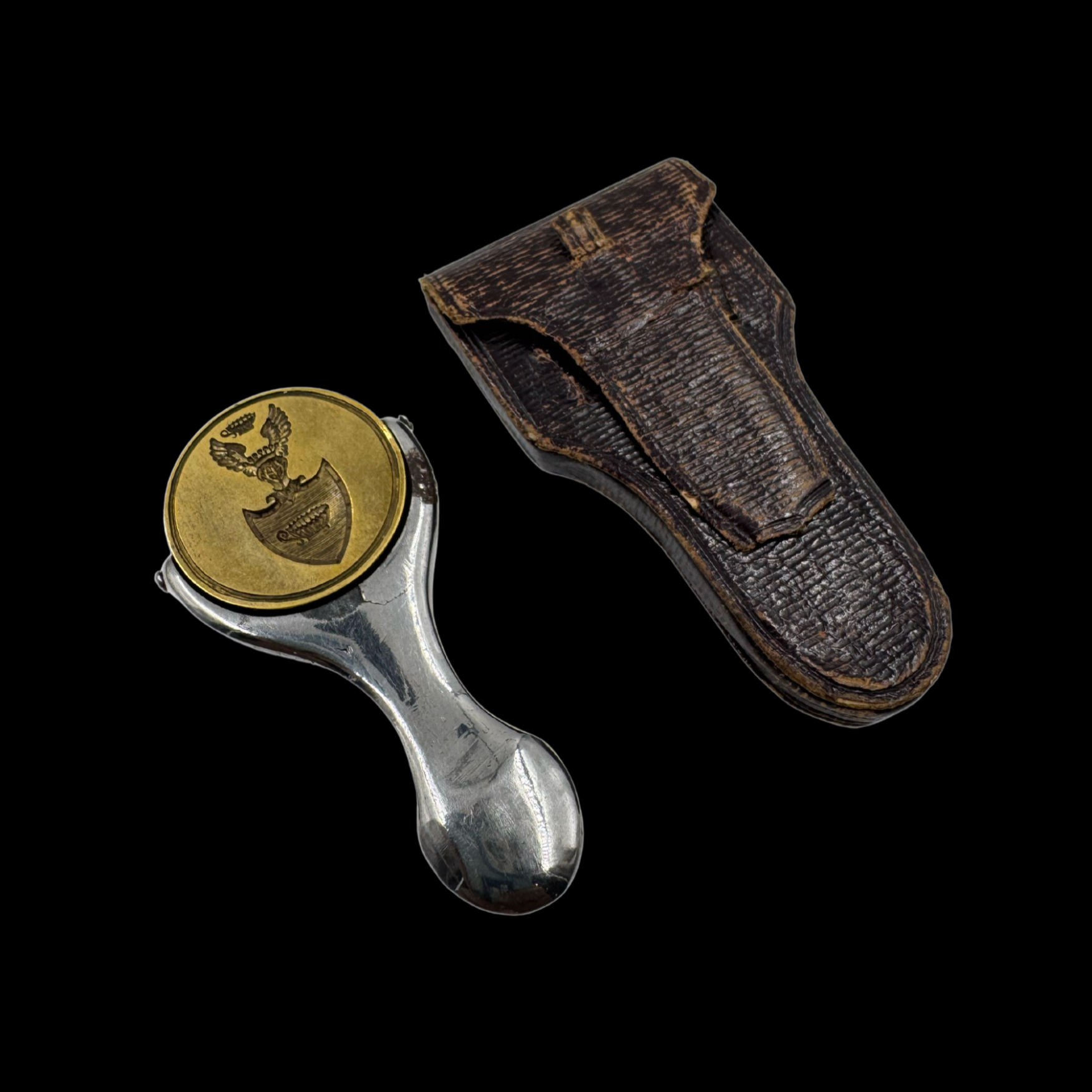 Dual-Sided Brass Seal – A Pre-War Diplomatic Relic with Original Leather Case - preview photo 3123