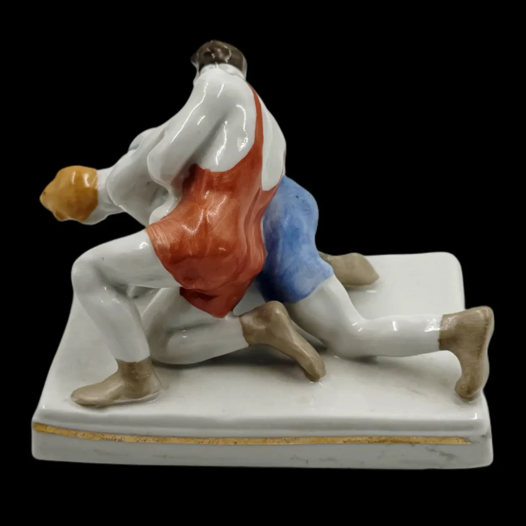 Dynamic Porcelain Sculpture of Wrestlers in Action – Soviet Era Masterpiece, 1959
