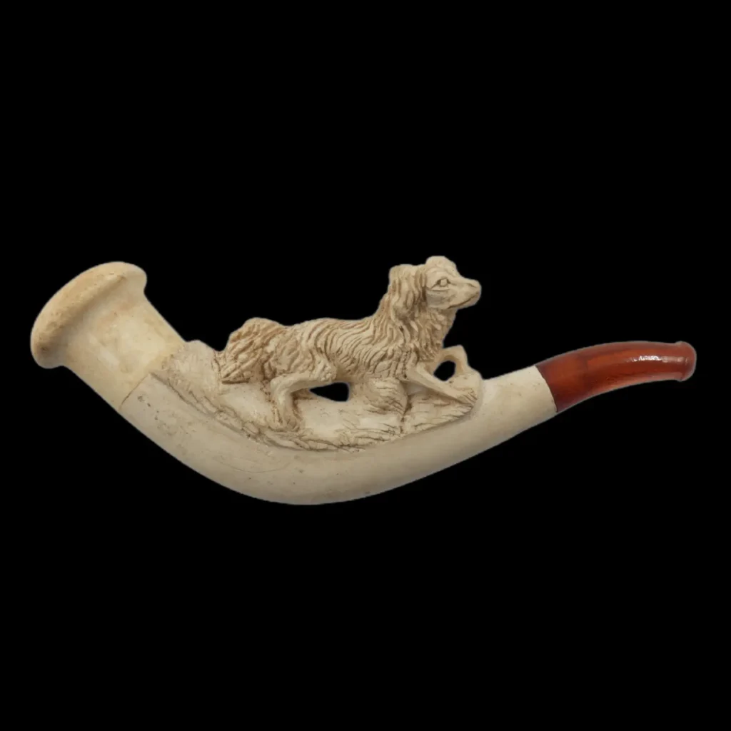 Carved White Stone and Amber Smoking Pipe with Dog Figure in Original Case – 19th Century European Craftsmanship