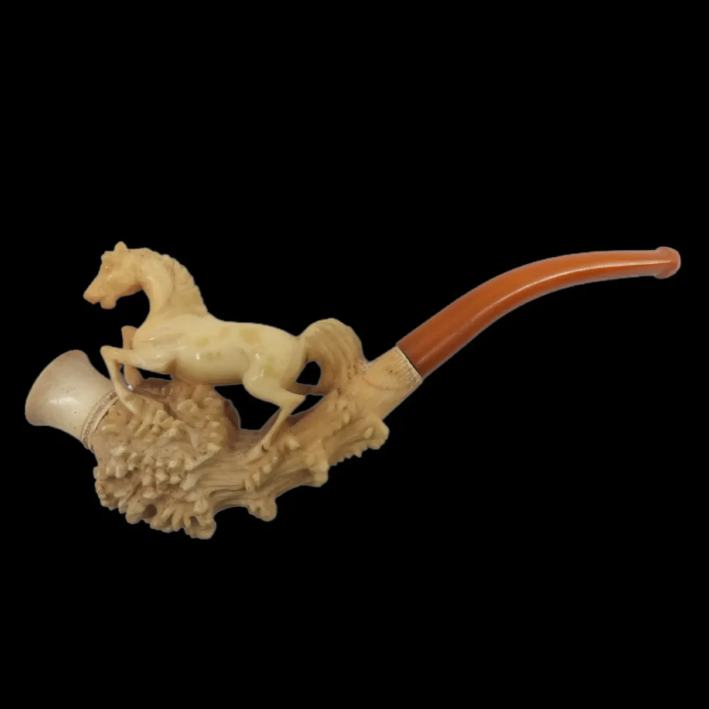 White Stone and Amber Smoking Pipe with Horse Figurine in Original Case – 19th Century Central European Craftsmanship