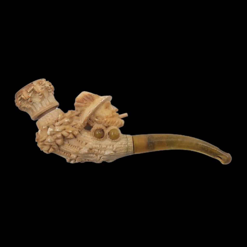 White Stone and Amber Smoking Pipe with Carved Man’s Head – Late 19th Century Continental Craftsmanship