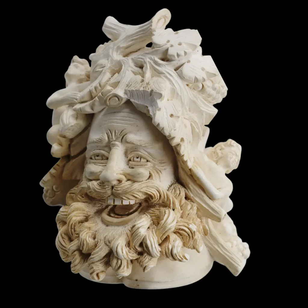 White Stone and Amber Smoking Pipe with Carved Bacchic Head and Cherubs – Mid-19th Century Central European Masterwork