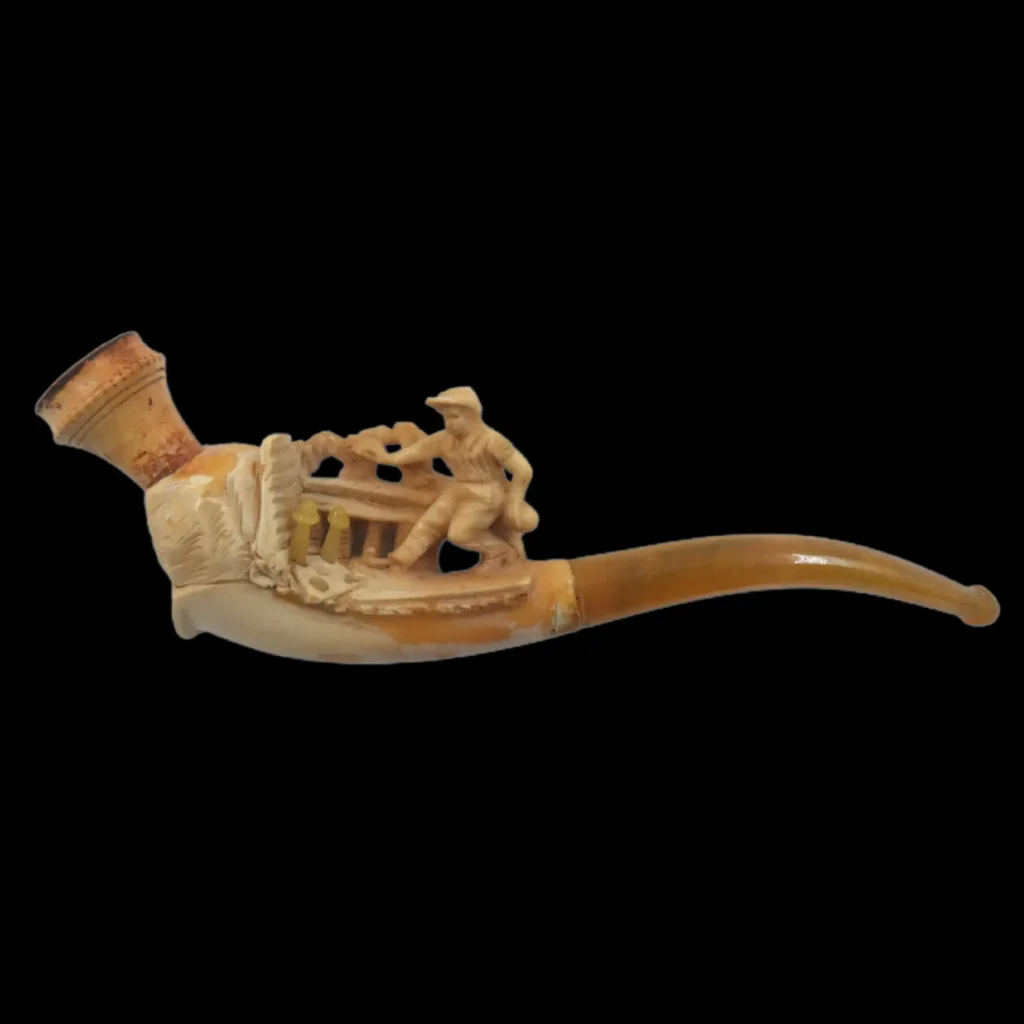 White Stone and Amber Smoking Pipe with Seated Gentleman Motif – Mid-19th Century Central European Artistry