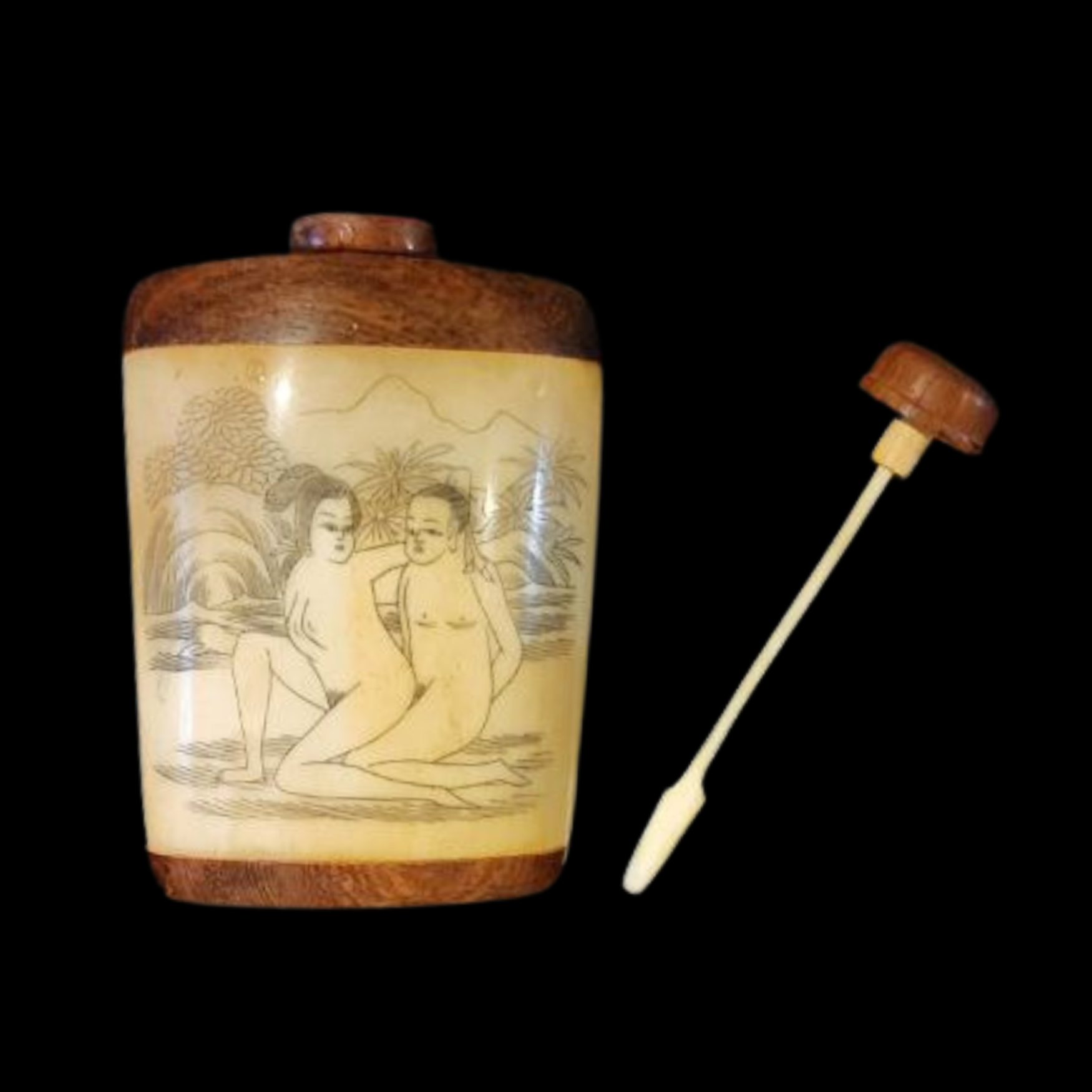 ECT-3 Antique Chinese Bone and Wood Oil Bottle with spoon - preview photo 2123