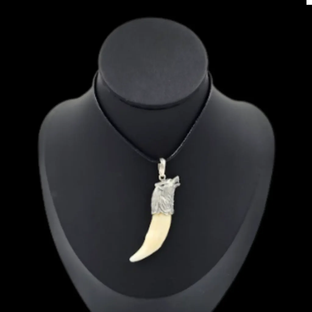 Wolf Tooth Pendant in Silver with Wolf Head Design