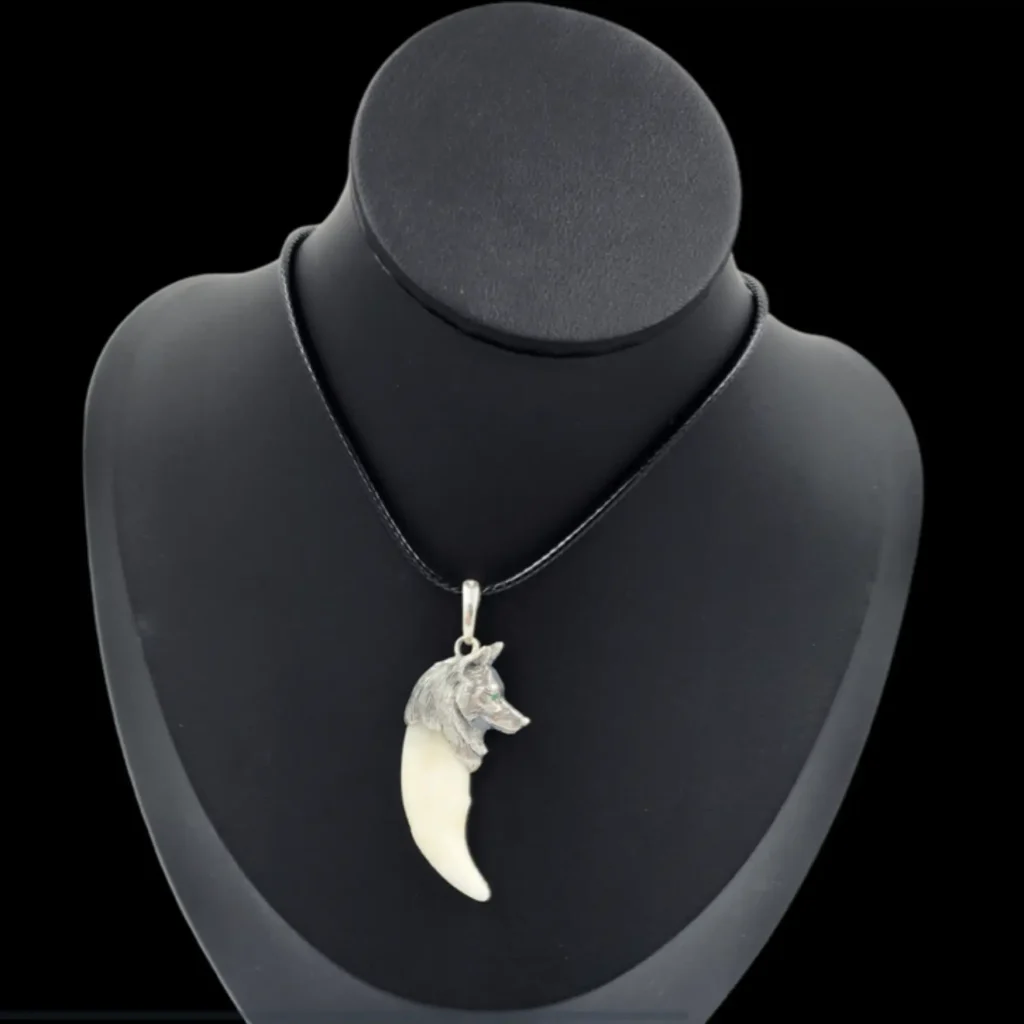 Real Wolf Tooth Pendant with Sculpted Wolf Head