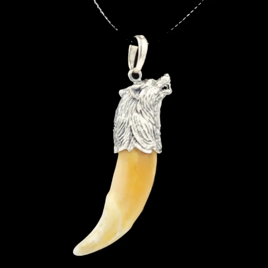 Wolf Tooth Pendant with Sculpted Wolf Head