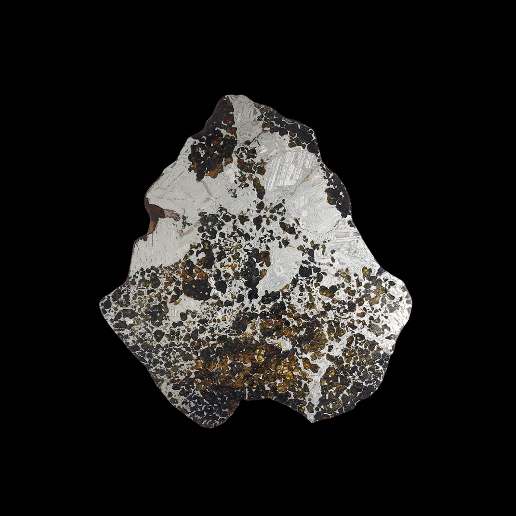 704 g Pallasite meteorite slice showcasing Widmanstätten pattern, 4 bln years old - preview photo 2123