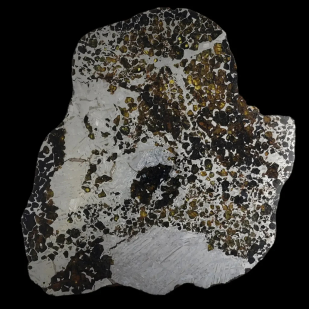 680 g Pallasite meteorite slice showcasing Widmanstätten pattern, 4 bln years old