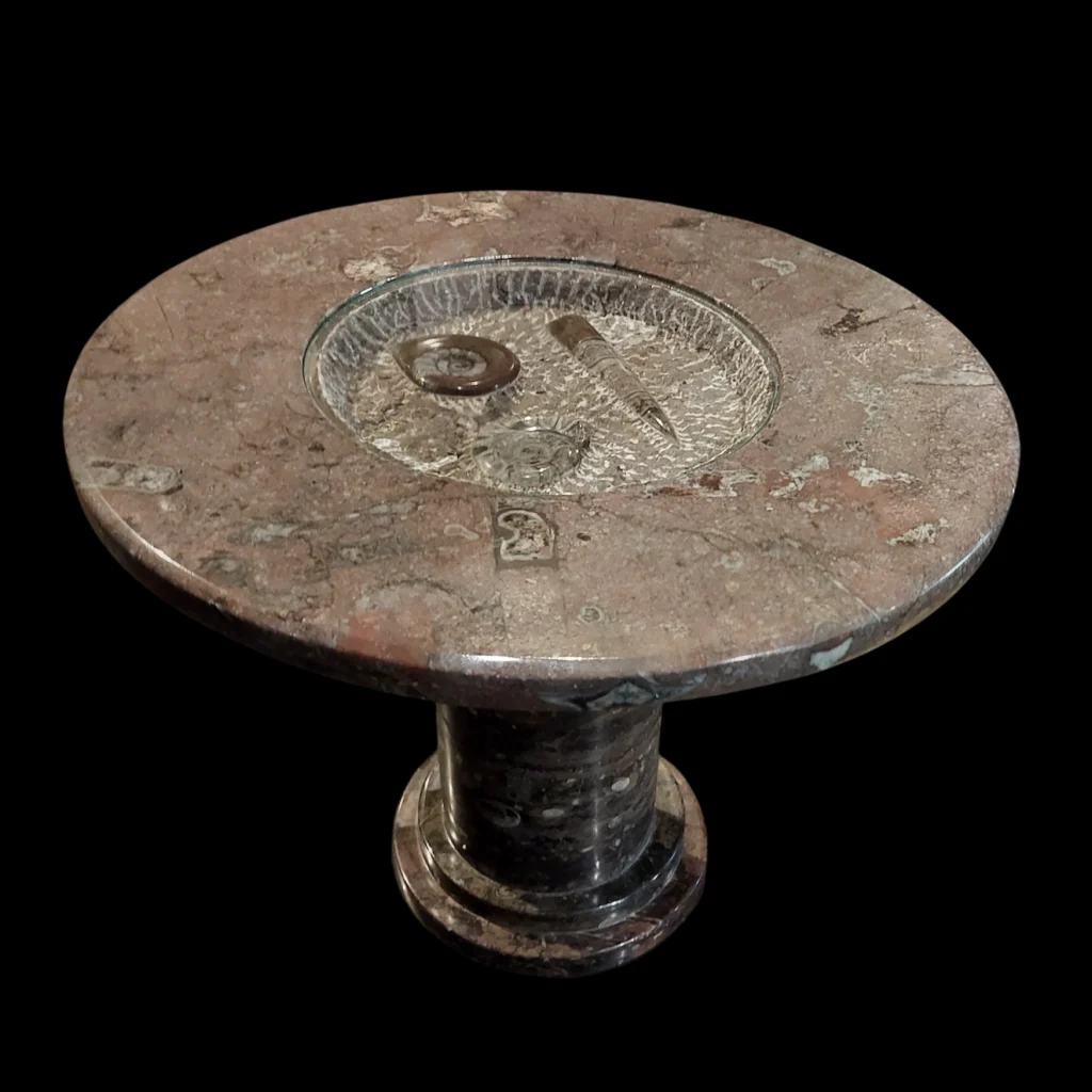 Marble Fossil Table with Orthoceras and Ammonite Cephalopods