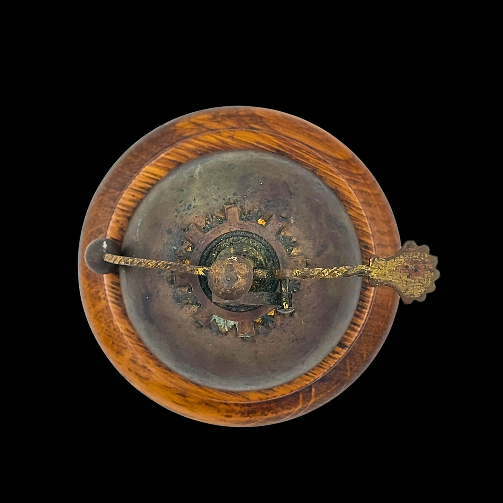 Antique Mechanical Service Bell with Ornamental Rotary Mechanism on Wooden Base - preview photo 3123