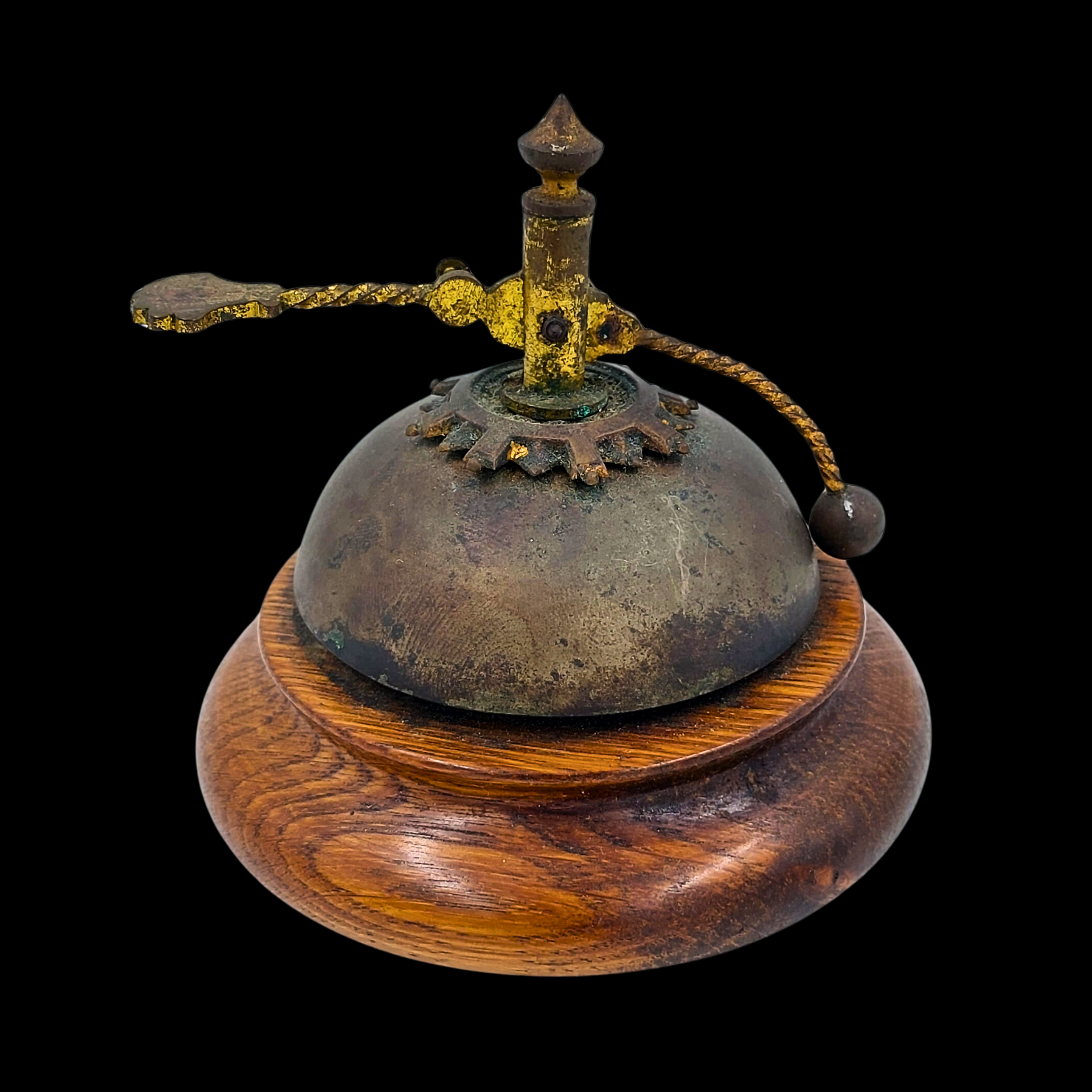 Antique Mechanical Service Bell with Ornamental Rotary Mechanism on Wooden Base - preview photo 2123