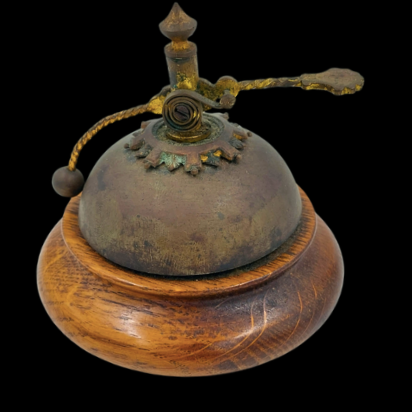 Antique Mechanical Service Bell with Ornamental Rotary Mechanism on Wooden Base - preview photo 1123
