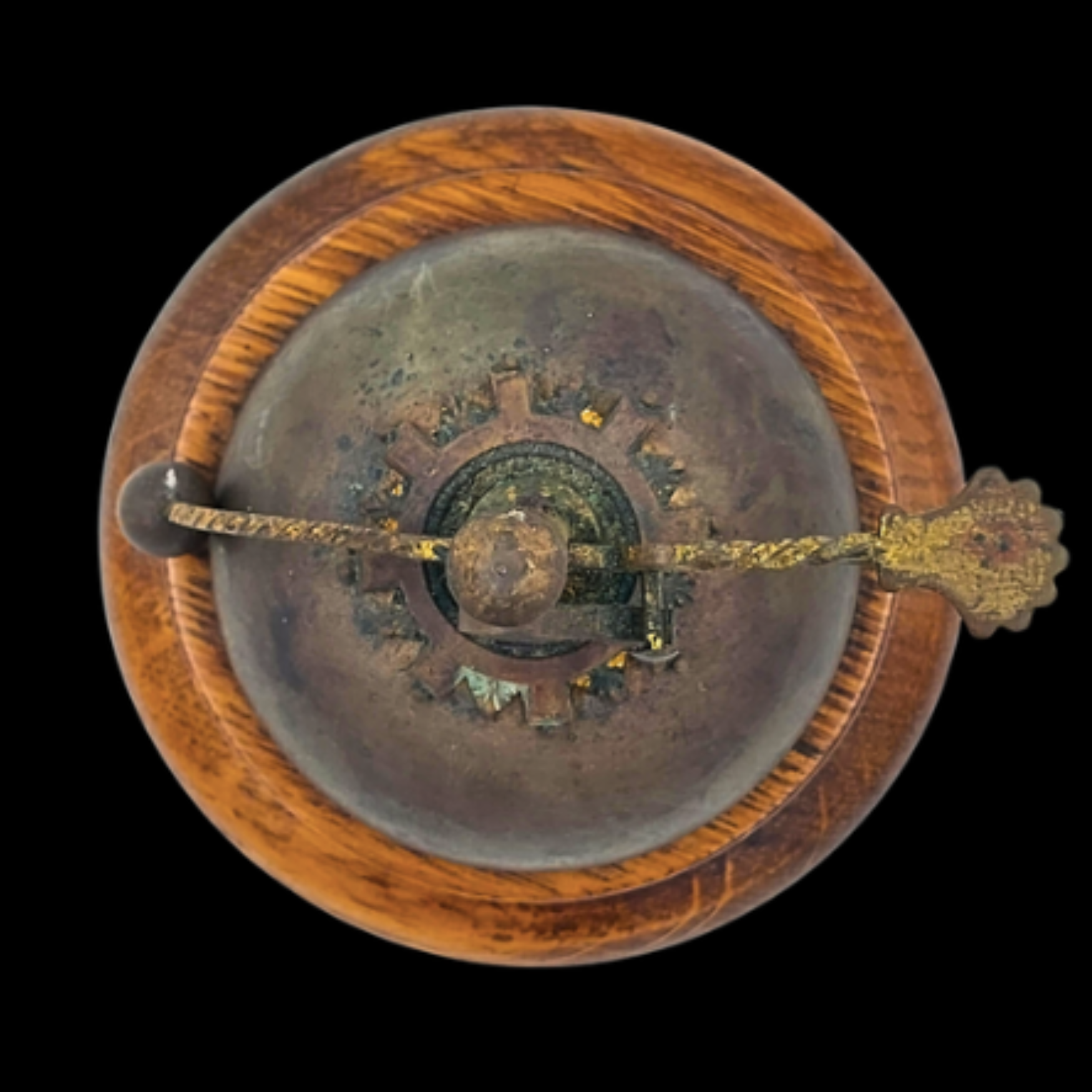 Antique Mechanical Service Bell with Ornamental Rotary Mechanism on Wooden Base - preview photo 3123