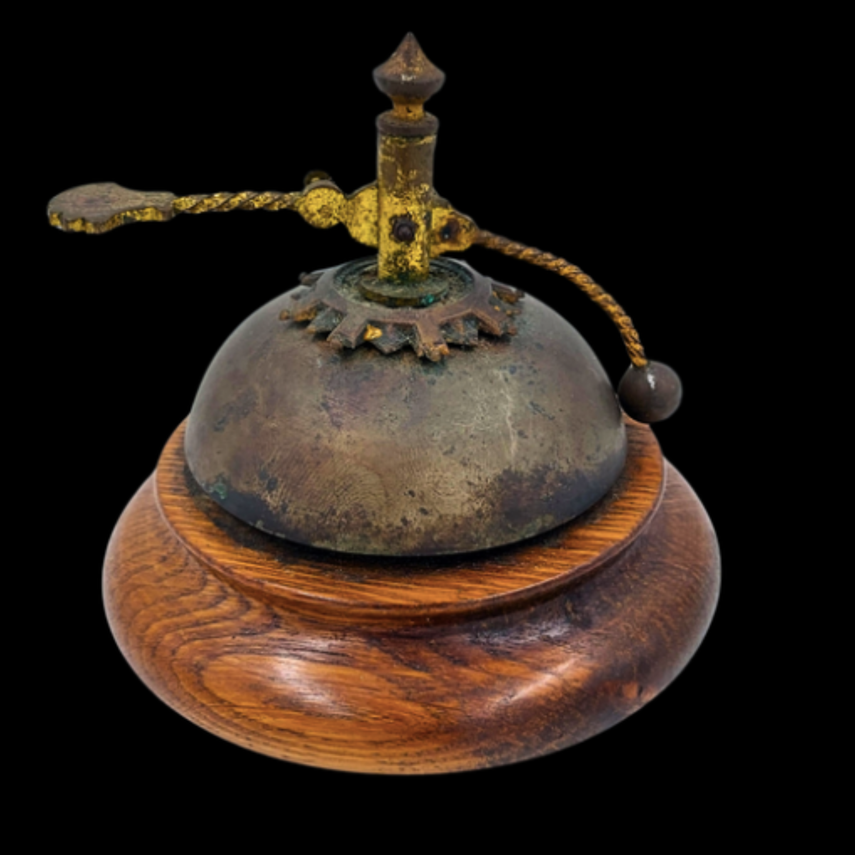 Antique Mechanical Service Bell with Ornamental Rotary Mechanism on Wooden Base - preview photo 2123