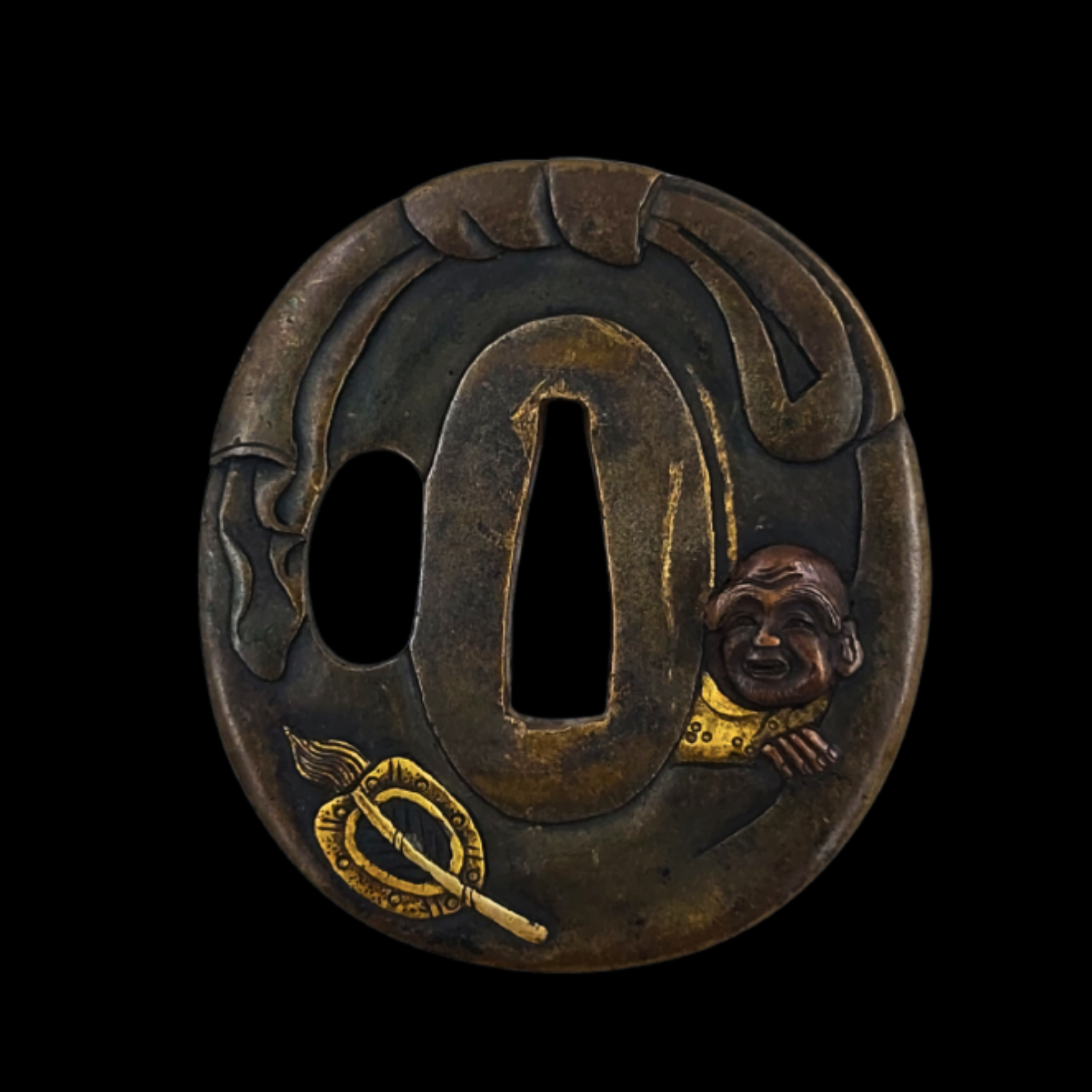 Japanese Bronze Tsuba with Hotei and Pilgrim’s Staff Motif
