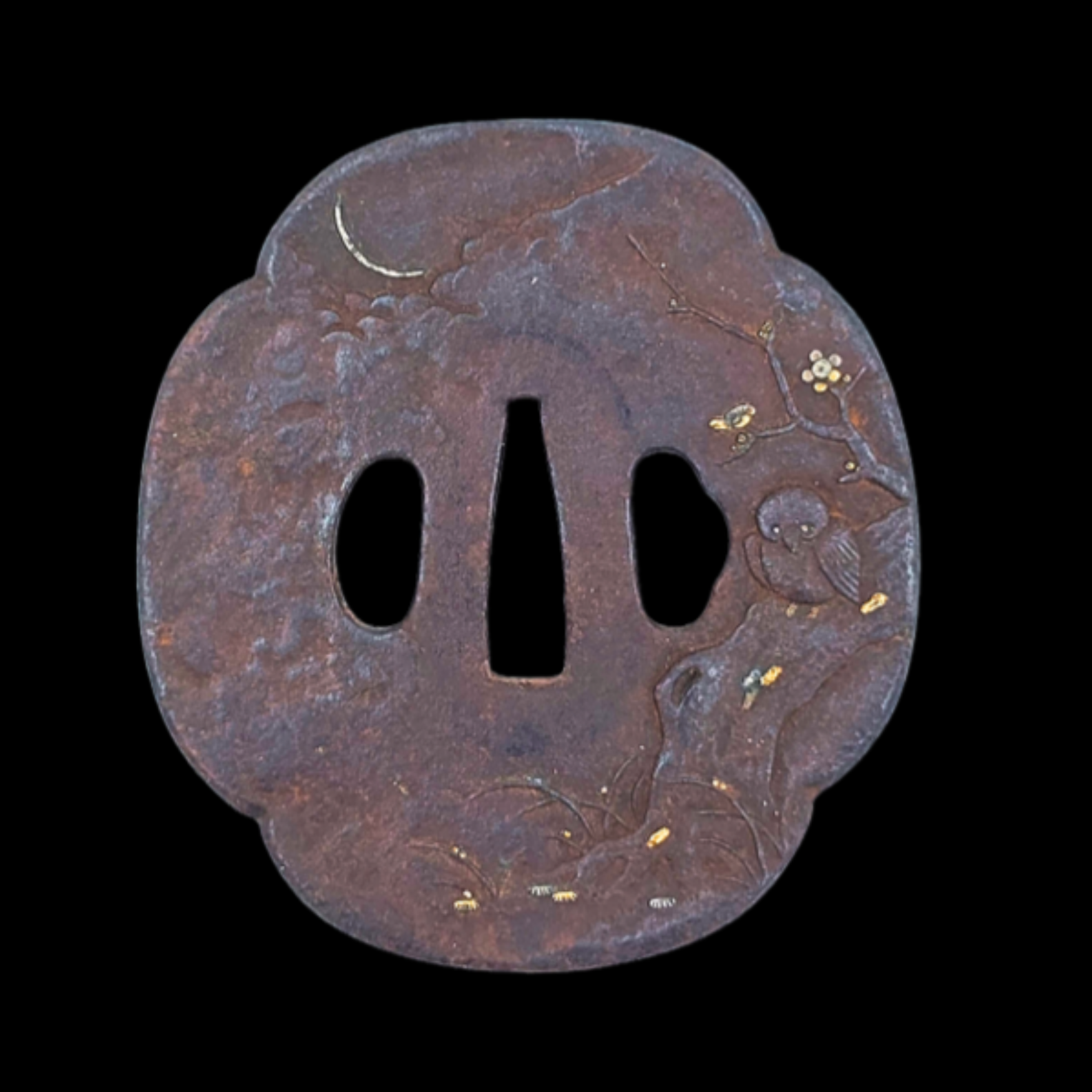 Japanese Iron Tsuba with Sparrow, Plum Blossom, and Crescent Moon Motif