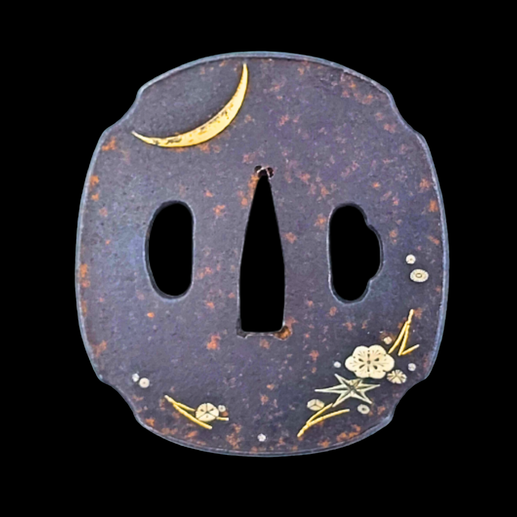 Japanese Iron Tsuba with Floral and Crescent Moon Inlay