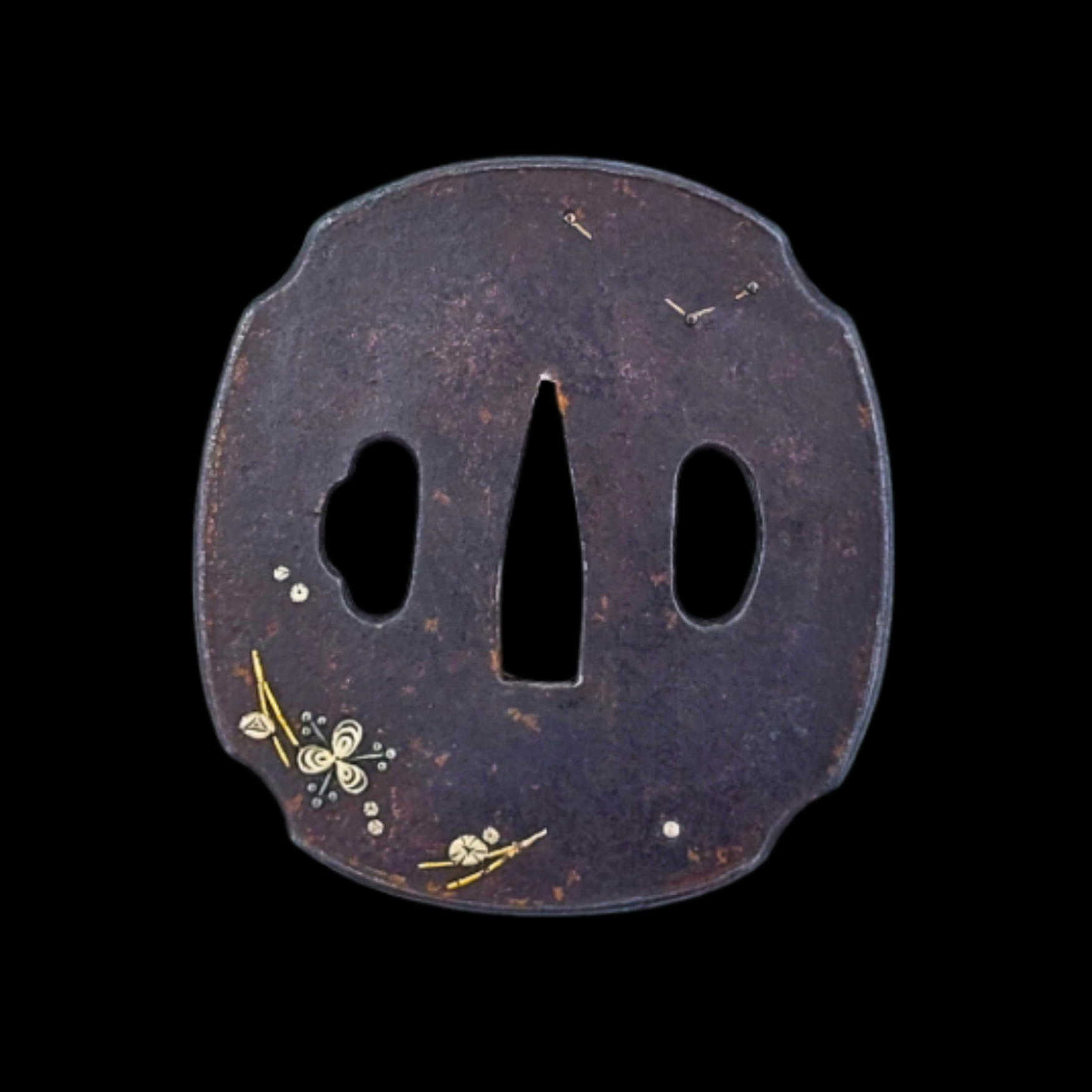 Japanese Iron Tsuba with Floral and Crescent Moon Inlay - preview photo 2123