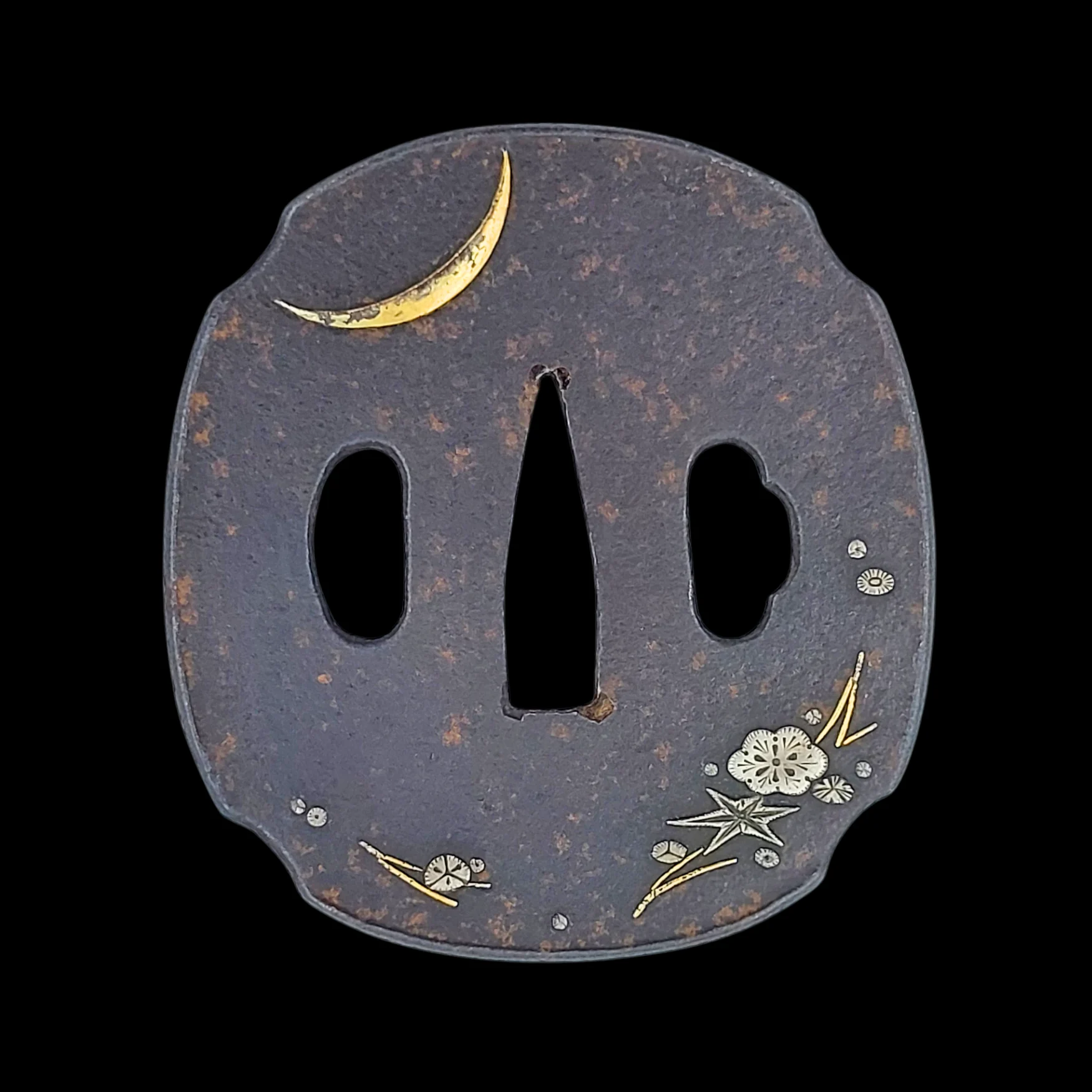 Japanese Iron Tsuba with Floral and Crescent Moon Inlay