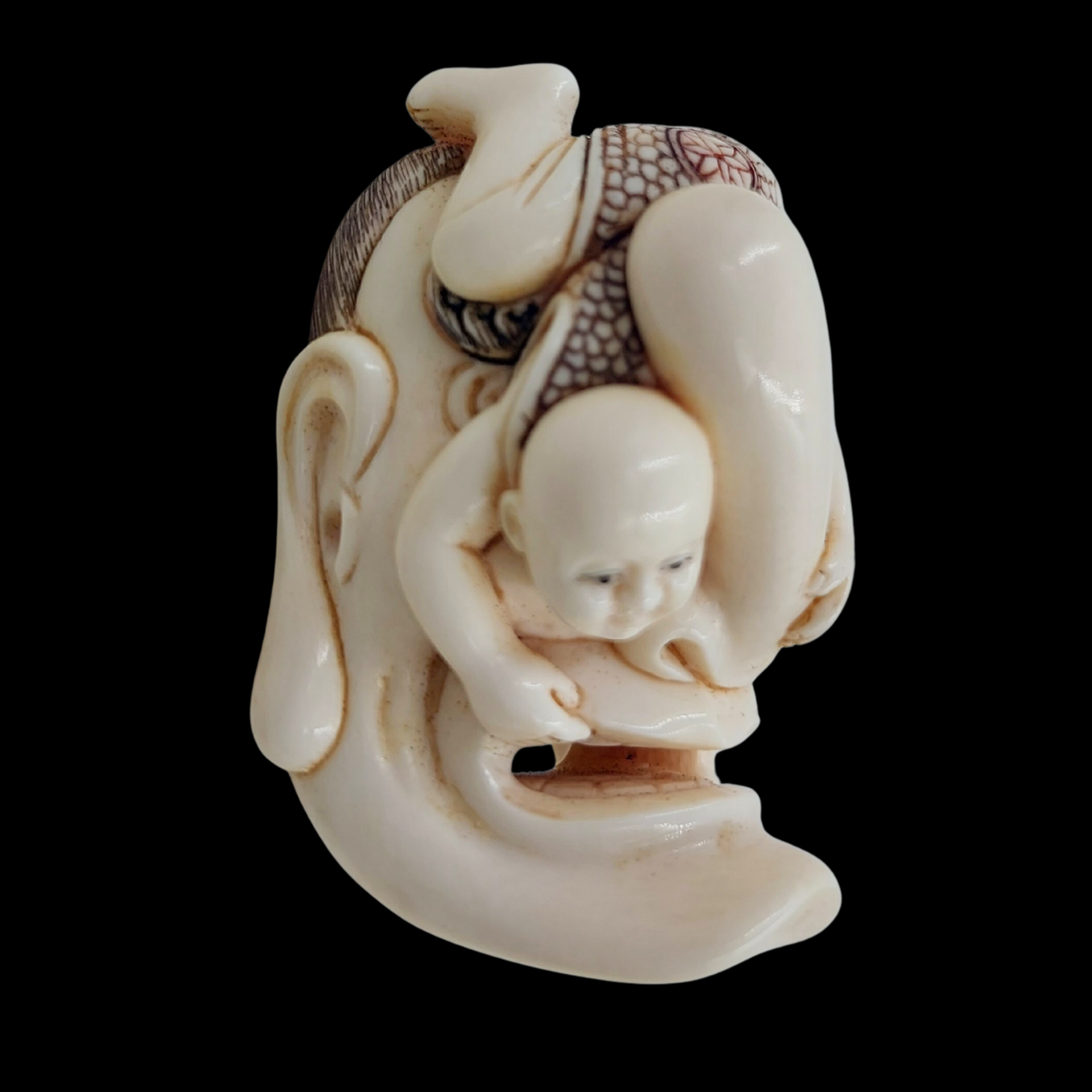 Japanese Netsuke Depicting a Child upon an Oni Mask - preview photo 2123