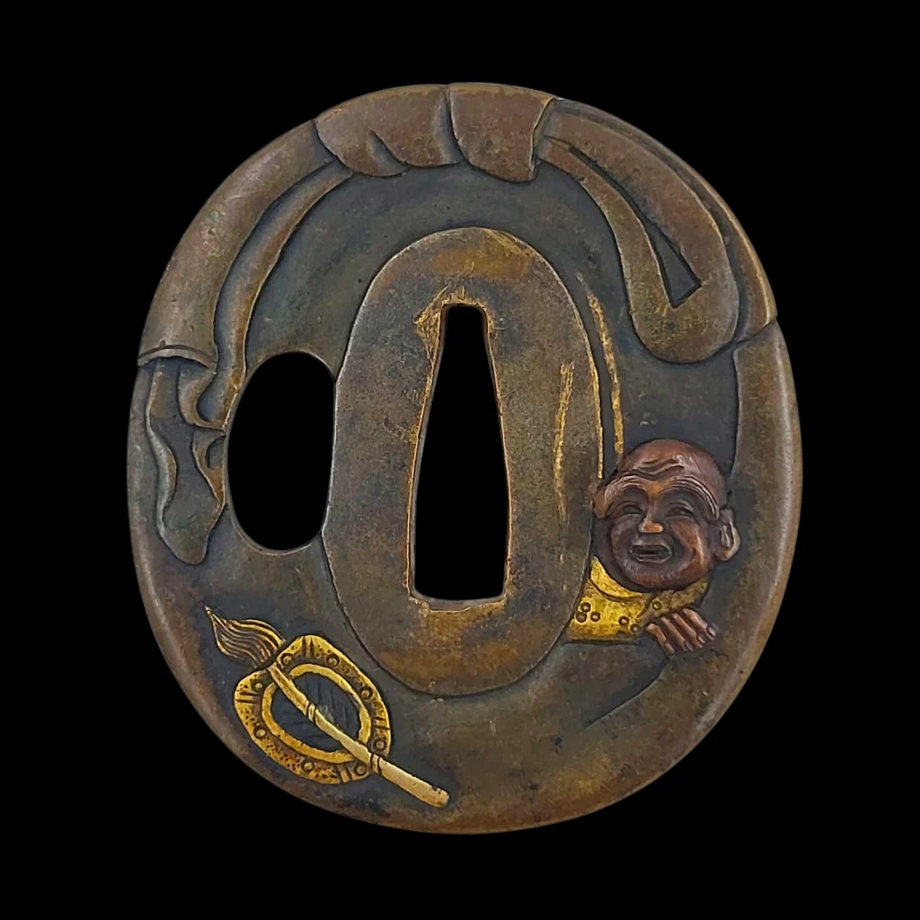 Japanese Bronze Tsuba with Hotei and Pilgrim’s Staff Motif