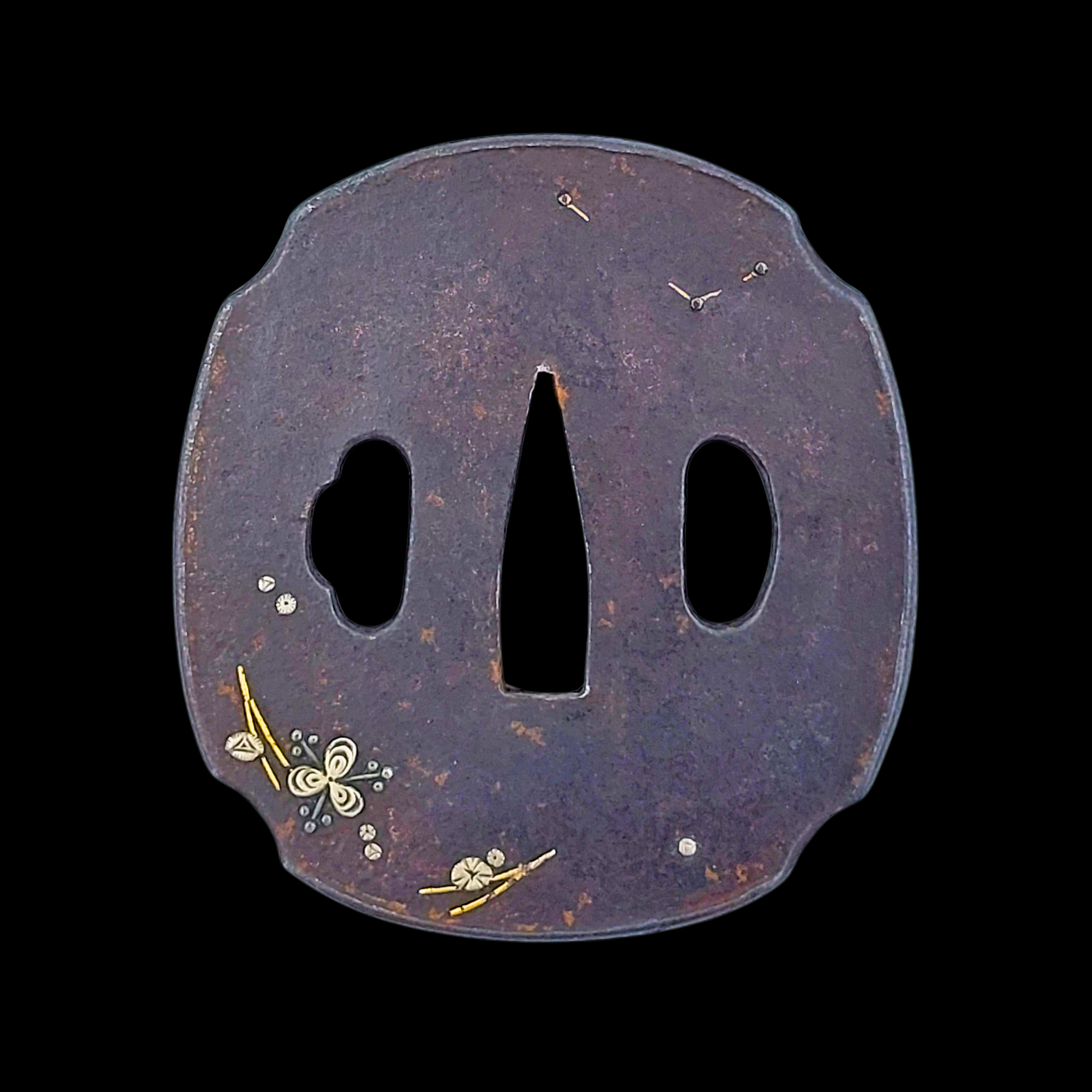 Japanese Iron Tsuba with Floral and Crescent Moon Inlay - preview photo 2123