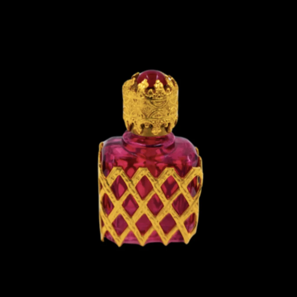 Decorative Ruby Red Glass Perfume Bottle with Gilt Latticework