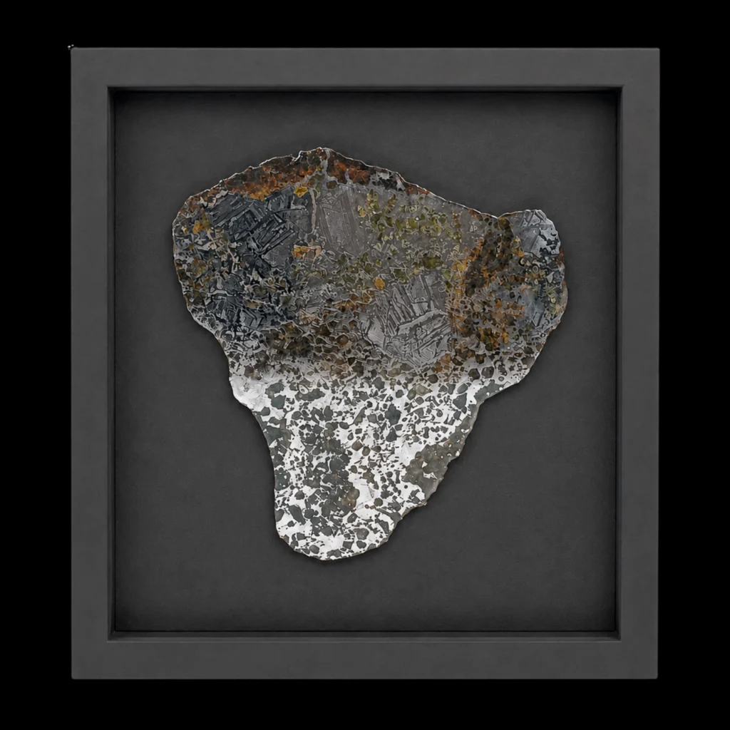 576 g Pallasite meteorite slice showcasing Widmanstätten pattern, 4 bln years old