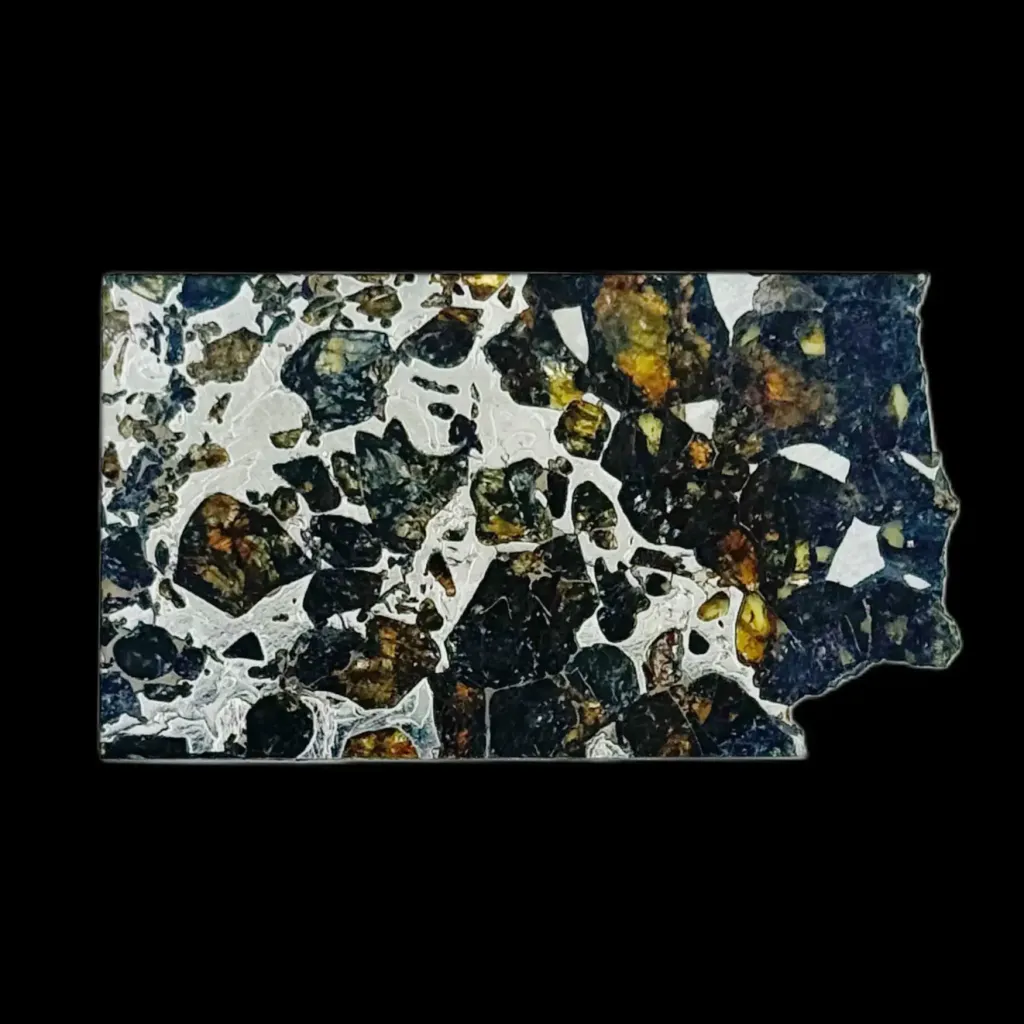12.03 g Pallasite meteorite slice showcasing Widmanstätten pattern, 4 bln years old