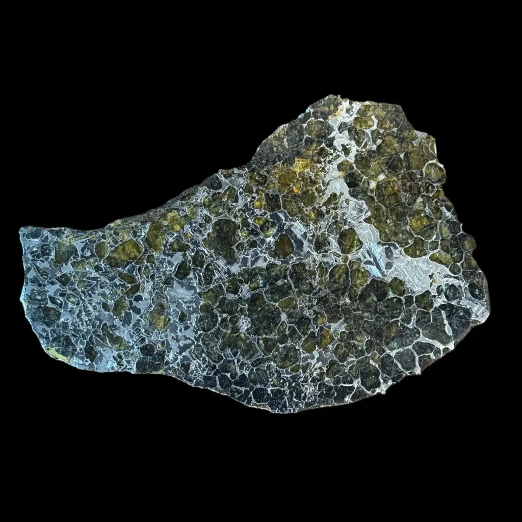 102 g Pallasite meteorite slice with Widmanstätten pattern, 4 bln years old - preview photo 4123