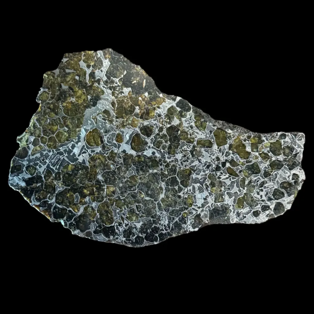 102 g Pallasite meteorite slice with Widmanstätten pattern, 4 bln years old - preview photo 3123
