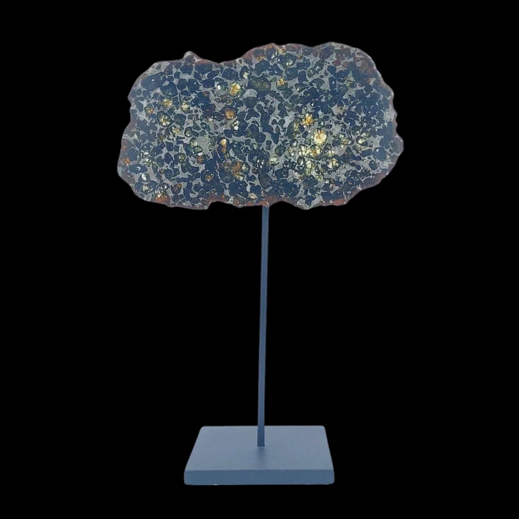94 g Pallasite meteorite slice showcasing Widmanstätten pattern, 4 bln years old