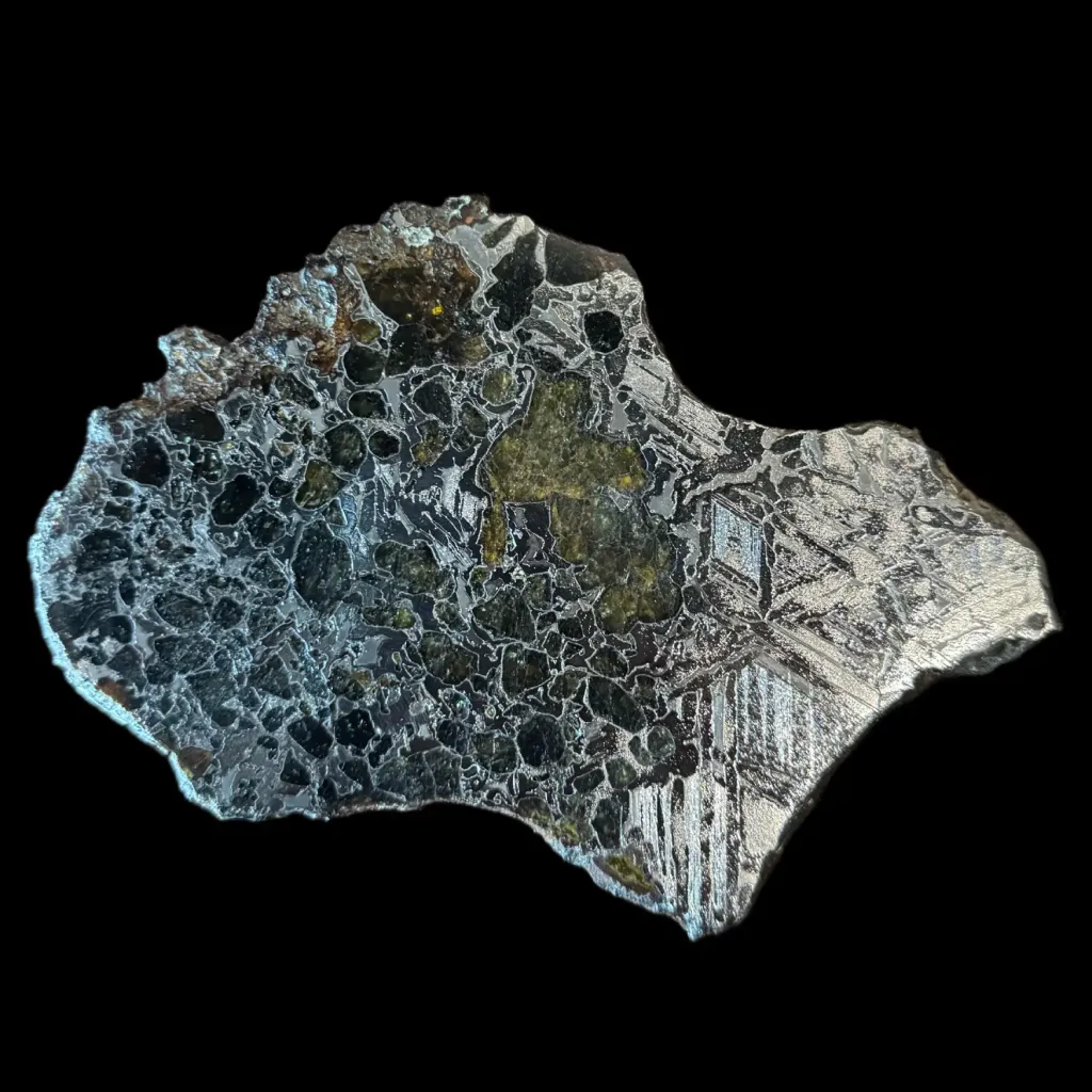 118 克大尺寸橄欖石鐵隕石切片，錯綜的維德曼花紋（Widmanstätten），40 億年歷史 - 預覽圖片 2123