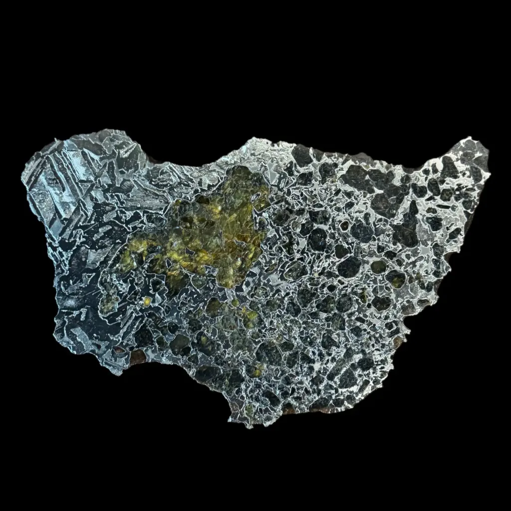 263 g Substantial Pallasite meteorite slice with crystalline Widmanstätten pattern, 4 bln years old - preview photo 3123