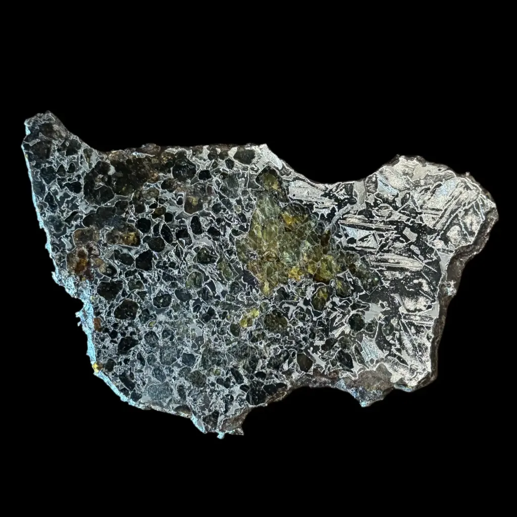 263 g Substantial Pallasite meteorite slice with crystalline Widmanstätten pattern, 4 bln years old - preview photo 4123