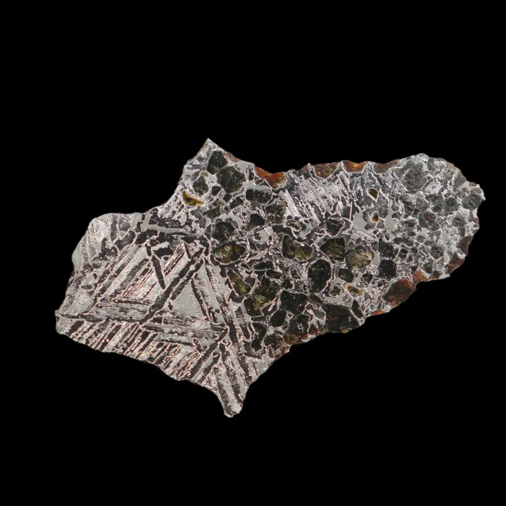 285 g iron-nickel Pallasite  meteorite slice with Widmanstätten pattern, 4 bln years old