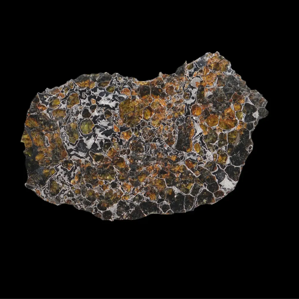 112 g Well-preserved Pallasite meteorite slice with Widmanstätten pattern, 4 bln years old