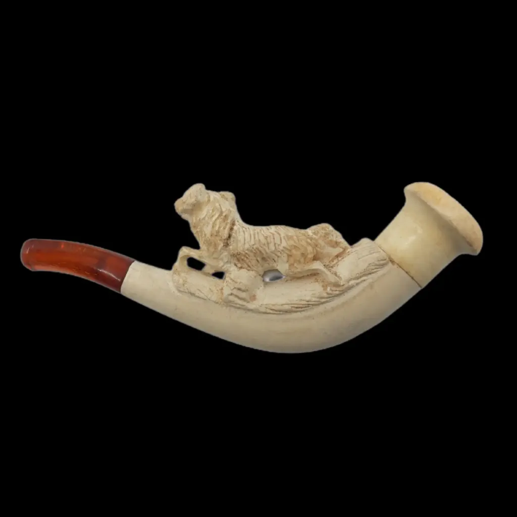 Carved White Stone and Amber Smoking Pipe with Dog Figure in Original Case – 19th Century European Craftsmanship - preview photo 2123